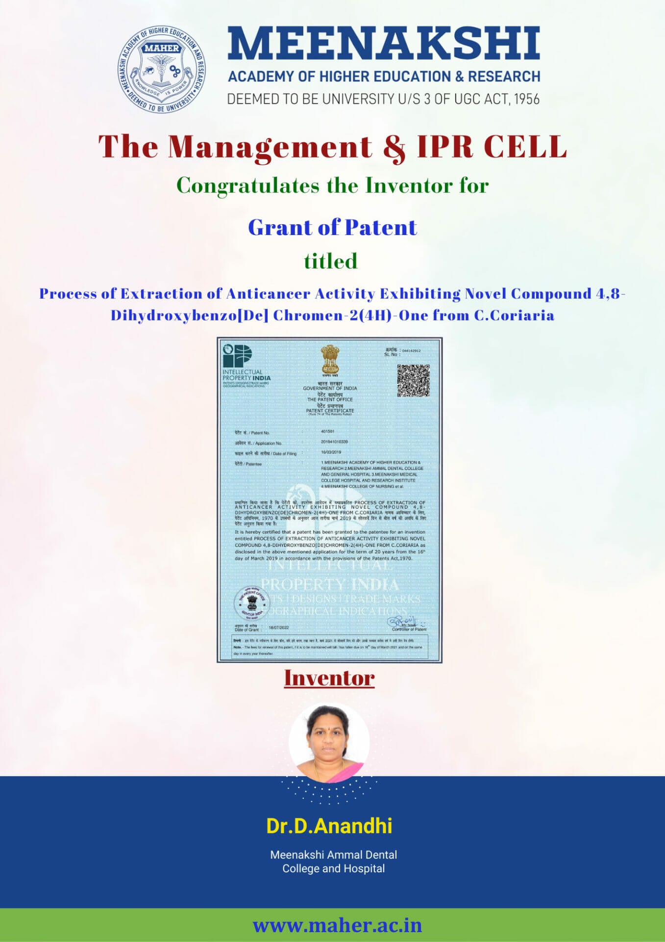 Process of Extraction of Anticancer Activity Exhibiting Novel Compound 4,8-Dihydroxybenzo[De] Chromen-2(4H)-One from C.Coriaria